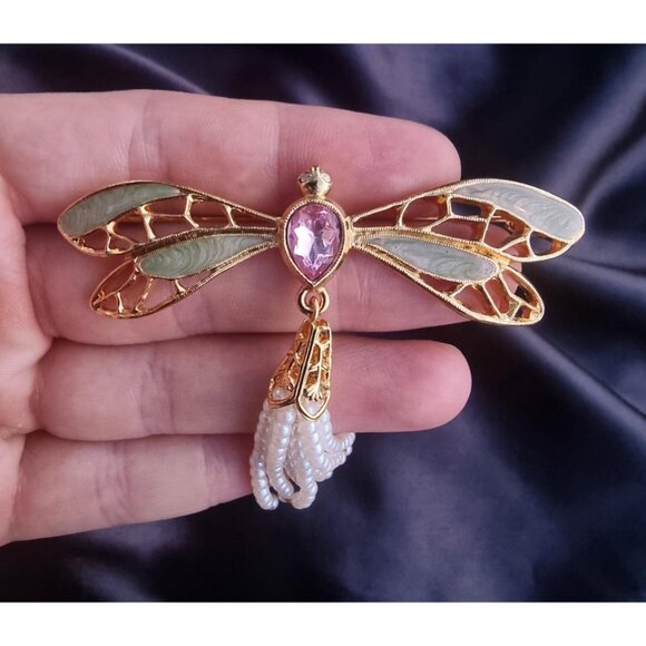 Vintage AVON Signed Dragonfly Green Enamel Pink Rhinestone Faux Pearl Beaded Tai - Picture 6 of 7